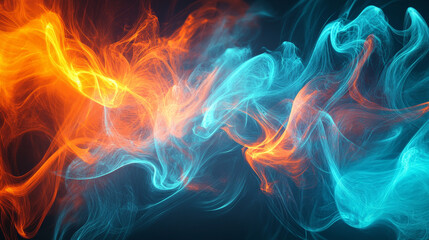 Bright streaks of neon orange and cyan smoke twist and swirl dynamically, creating an energetic abstract background with vibrant, flowing colors.
