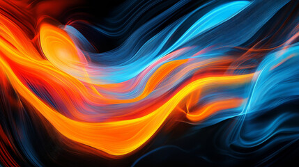 Obraz premium Bright neon lines in orange, yellow, and blue sweeping across a black background, creating a dynamic, abstract, and futuristic design.