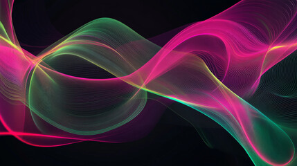 Obraz premium Abstract background with thin, colorful lines in neon pink and green, flowing and intertwining on a black background to create a dynamic look.