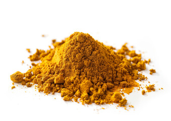 Piles of curry powder on a white background, close-up
