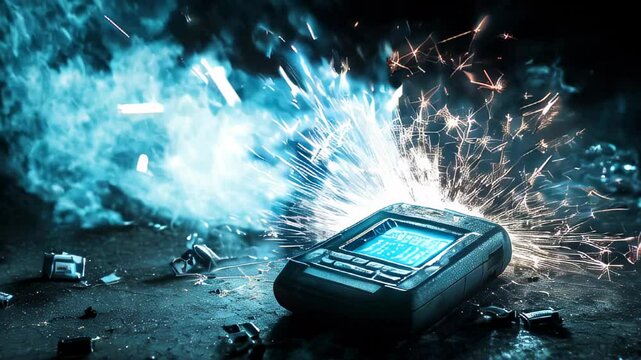 Image of a pager on a black background that explodes with flying plastic and metal parts