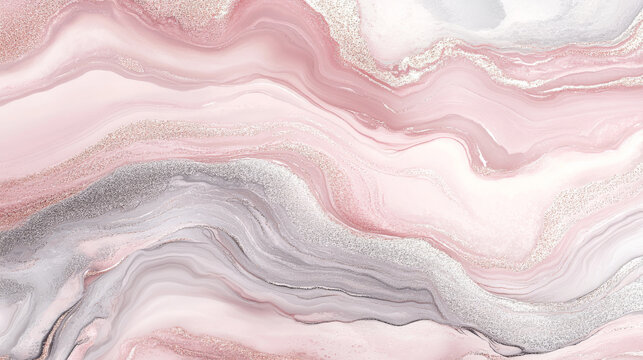 Soft liquid marble in pastel blush pink with flowing silver accents, blending delicate colors with a metallic sheen for a sophisticated touch.