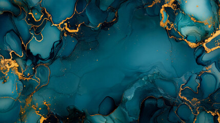 Alcohol ink liquid art featuring deep teal and gold accents, with swirling marbled textures and intricate fluid shapes.