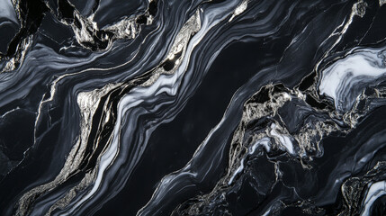 Dark charcoal grey liquid marble with shining silver veins, flowing dynamically across the surface, creating a modern and elegant abstract background.