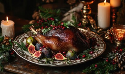 A large turkey is surrounded by a variety of fruits and vegetables
