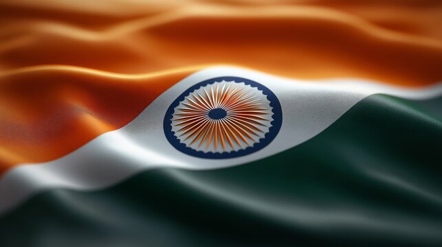 A photorealistic close-up of the Indian flag with vibrant orange, white, and green stripes and the iconic Ashoka Chakra in the center, symbolizing national pride and identity