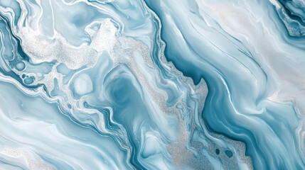 Obraz premium Realistic liquid marble in pastel blue with shimmering silver veins flowing smoothly across the surface, offering a cool and elegant design.