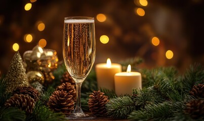A glass of champagne is on a table with a bunch of pine cones and candles