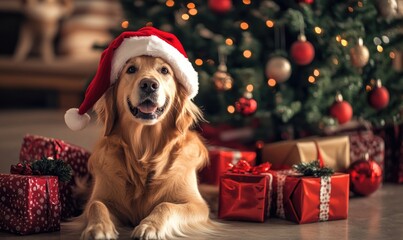 A dog is laying on the floor in front of a Christmas tree