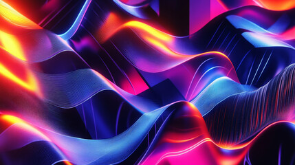 Bold liquid gradient waves in neon colors, flowing dynamically across a grid of geometric shapes, creating an energetic abstract backdrop.