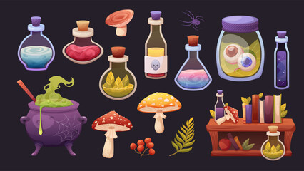 Witch Potions Set. Herbs, mushrooms, magic potions, books and boiling cauldron. Vector elements