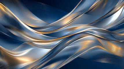 Obraz premium Abstract lines in metallic silver and gold flowing across a deep blue background, creating an elegant and futuristic look.