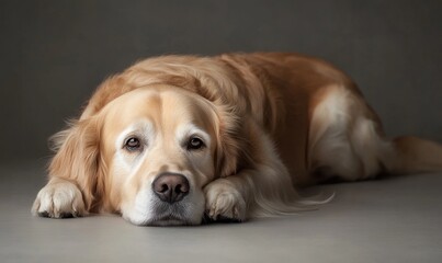 A dog is laying on the ground with its head down