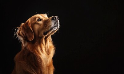 A brown dog is looking up at the camera