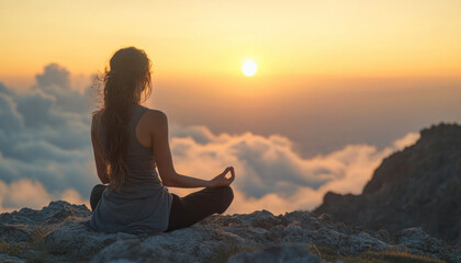 Young woman meditating on mountain peak at sunset practicing yoga
