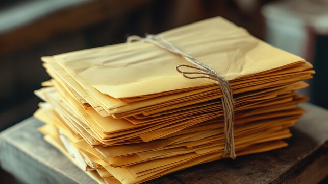 A stack of yellow interoffice envelopes tied with string, evoking a retro office environment