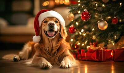 A dog is laying on the floor in front of a Christmas tree
