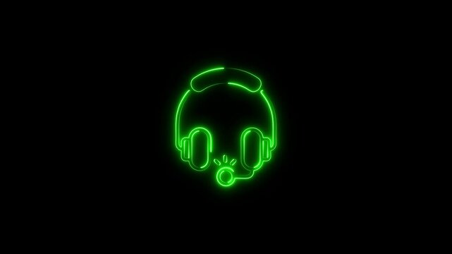 Neon glowing Headphone icon animation. Dj earphones, game headset, listen music and podcast, playlist. Violet, blue, azure