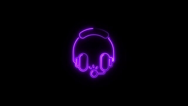 Neon glowing Headphone icon animation. Dj earphones, game headset, listen music and podcast, playlist. Violet, blue, azure