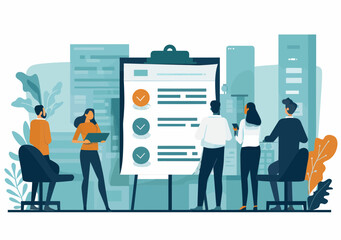 Business Team Collaboration Reviewing Checklist in Office Setting During Daytime - Minimalistic Vector Illustration for Project Planning and Task Management Concepts