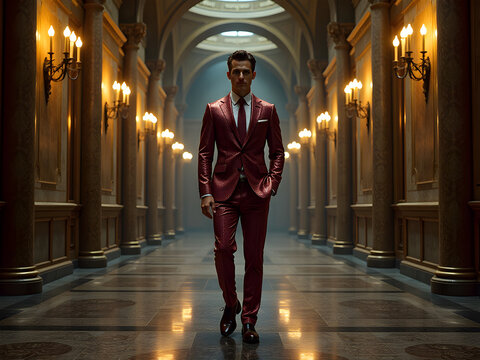 Stylishly Dressed Man in Tailored Red Suit Walking Confidently Through Elegant Grand Hallway with Luxury Architecture, High Ceilings, Fluted Columns, and Ambient Chandelier Lighting - Opulent Fashion - Powered by Adobe