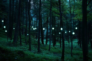 Fototapeta premium A dreamlike forest with trees that have glowing orbs instead of leaves