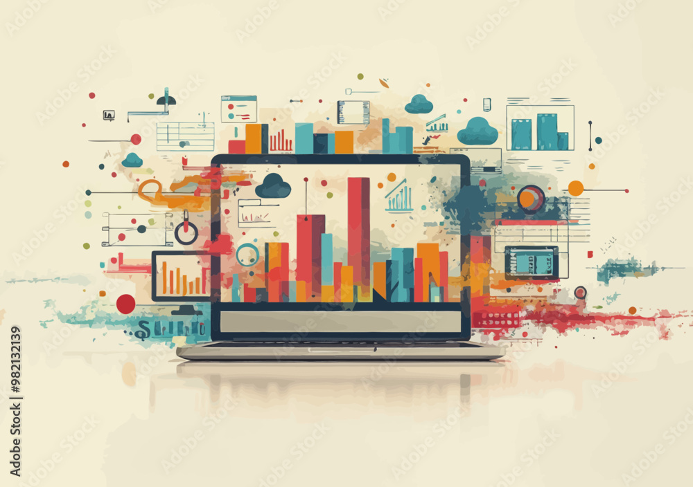 Poster creative web development and content creation concept with colorful charts and graphs on laptop in m