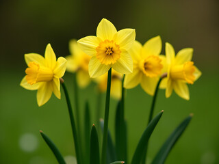 Vibrant Yellow Daffodils in Diverse Stages of Bloom Surrounded by Lush Green Leaves, Softly Blurred Background with Bokeh Effect, Capturing the Essence of Spring and Nature' Beauty