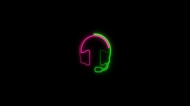 Neon glowing Headphone icon animation. Dj earphones, game headset, listen music and podcast, playlist. Violet, blue, azure