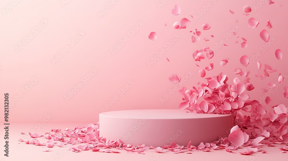 Wall mural Pink podium with rose pink petals on pink background