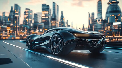Futuristic black sports car driving through a modern city.