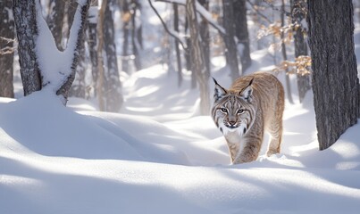 A small brown and white cat is walking through the snow