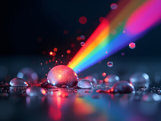 Stunning Macro of Vibrant Water Droplets on Surface with Central Prism Droplet Refracting Light into Vivid Rainbow Spectrum - Perfect for Nature, Science, and Abstract Art ry