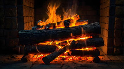 fireplace with burning logs, ai generated