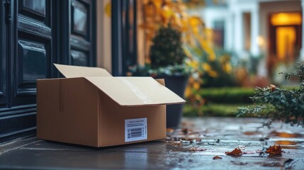 An open cardboard box on a doorstep with a delivery label, symbolizing online shopping.