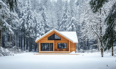 A small cabin in the woods with a snow covered roof