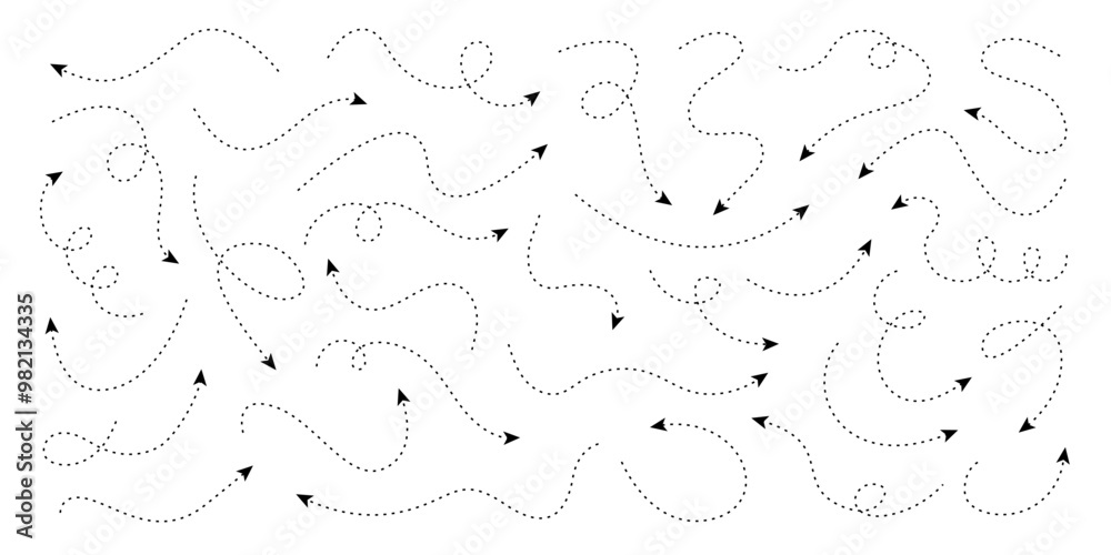 Wall mural set of squiggle line dashed arrows. dash curved vector editable stroke arrows