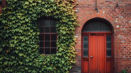 Fototapeta premium Red brick walls of a historic building with ivy creeping up, symbolizing history and timeless beauty
