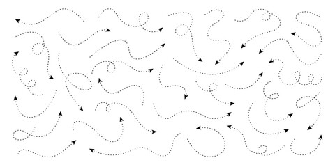 Set of squiggle line dashed arrows. Dash curved vector editable stroke arrows