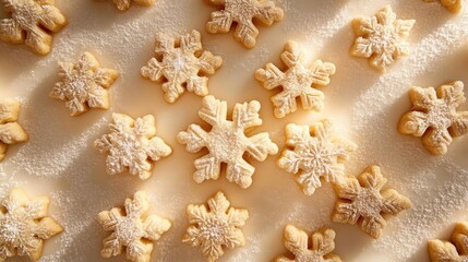 Delightful snowflake-shaped cookies dusted with powdered sugar, perfect for festive occasions and winter celebrations.