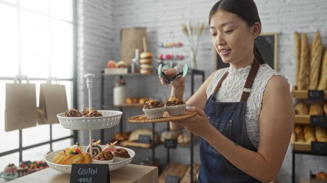 Young woman arranging baked goods in a bakery with shelves filled with various bread and pastries
