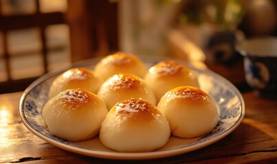 A plate of six small, round pastries with a blue and white plate