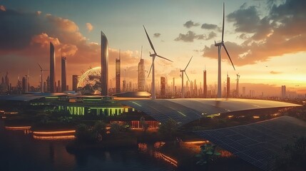 Futuristic city with wind turbines and solar panels at sunset.
