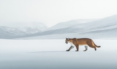 Obraz premium A large brown cat is walking across a snowy field