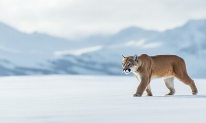 A brown cat is walking across a snowy field