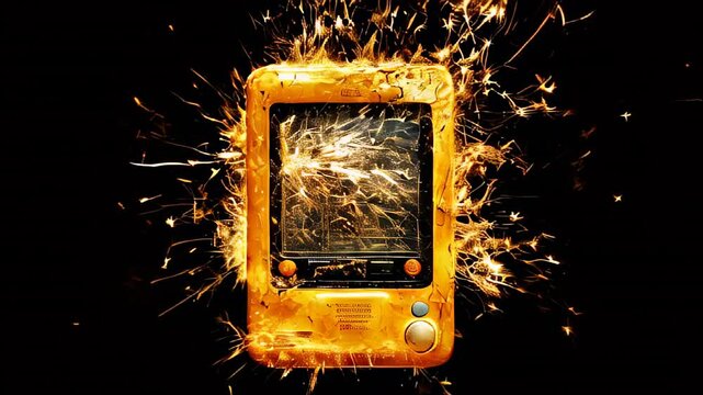 Image of a pager on a black background that explodes with flying plastic and metal parts