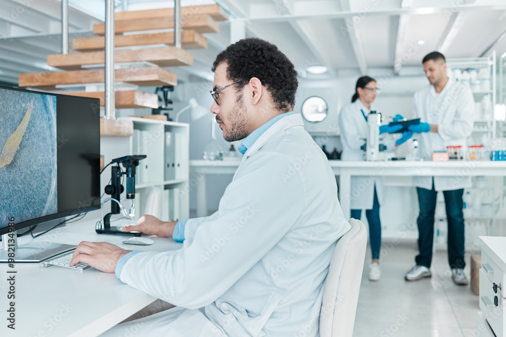 Poster microscope, computer screen or man in lab for dna breakthrough, clinical trial and discovery. biotec