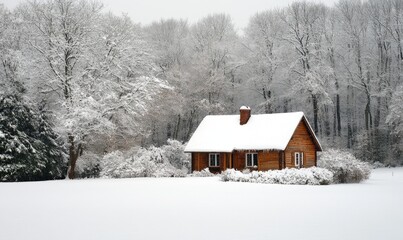 A small cabin in the woods is covered in snow