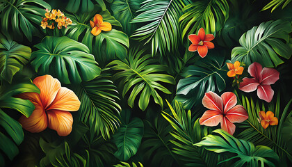 A lush jungle scene with vibrant green leaves and exotic flowers, bringing the warmth of the tropics to your screen