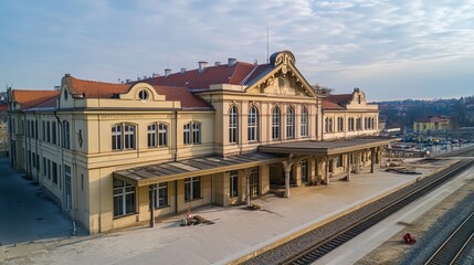 Fototapeta premium Plzeň, Czech Republic: Newly renovated historical main railway station of Czech Railways, featuring a parking lot, entrance hall, track, and subway